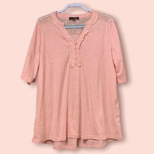 Long pink half button down short sleeve top from Suzanne Betro size 1X